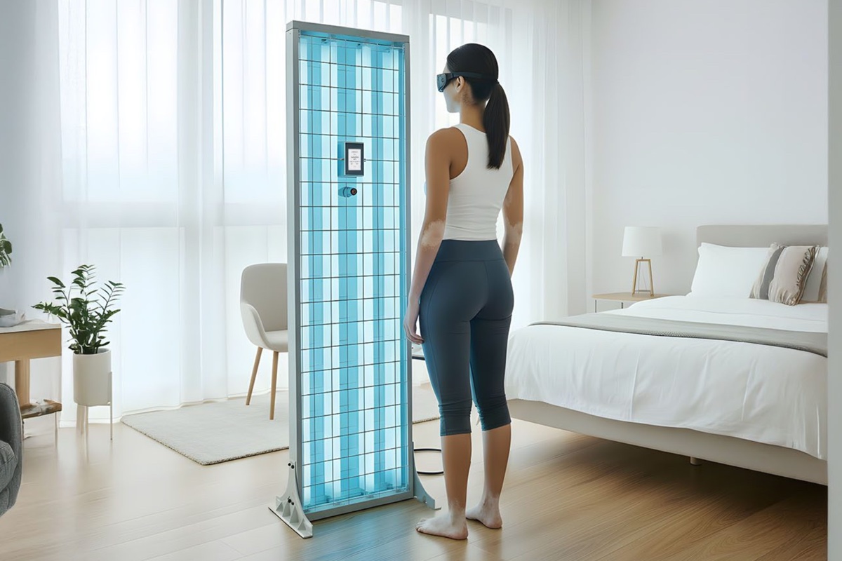 A person in protective goggles standing beside a home phototherapy unit in a bedroom